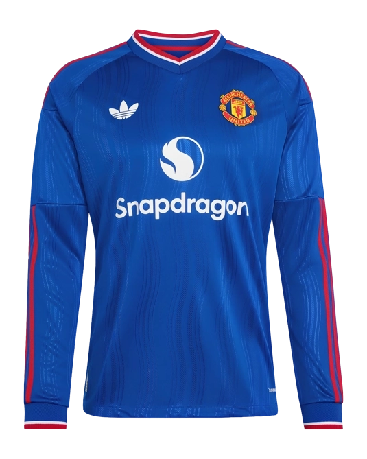 Гостевой лонгслив Manchester United 26/27 синего цвета, вид спереди